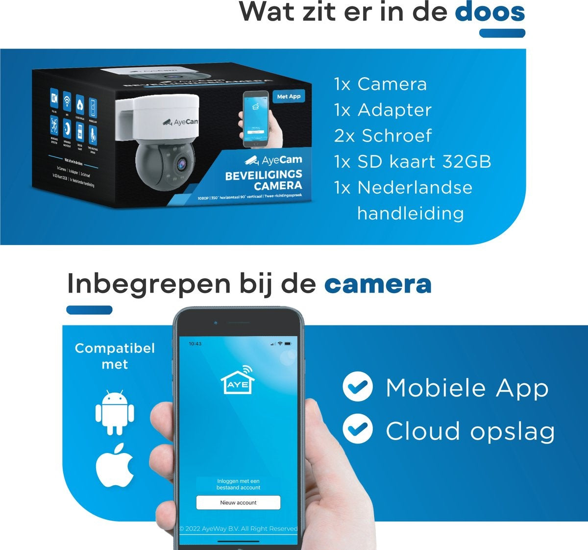 AyeCam Caméra de sécurité extérieure - 360PRO - FULL HD - Caméra de surveillance - Incl. 32GB SD