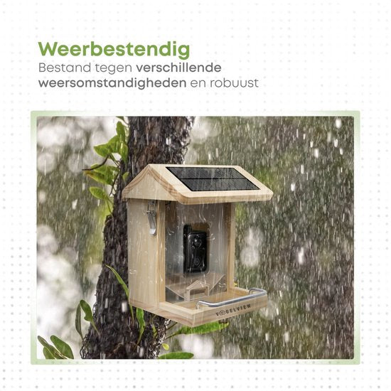 Vogelview - Mangeoire pour oiseaux - Mangeoire équipée d'une caméra - En bois - Reconnaissance des oiseaux par IA - 1080 HD - Audio - Avec panneau solaire