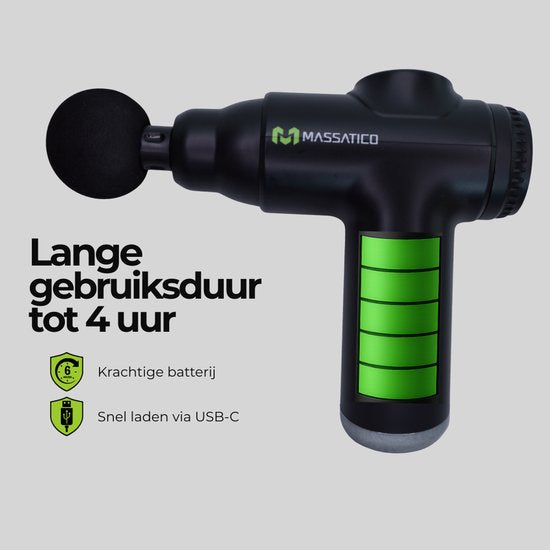 Massatico Massage Gun Compact - Appareil de massage professionnel et puissant - Appareil de massage / Pistolet de massage - Noir - 5 embouts - 32 réglages - Avec mallette