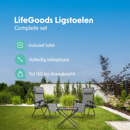 LifeGoods Chaises longues - pliable - ensemble complet - avec table d'appoint - 30°-90° réglable - chaises de jardin - métal - gris