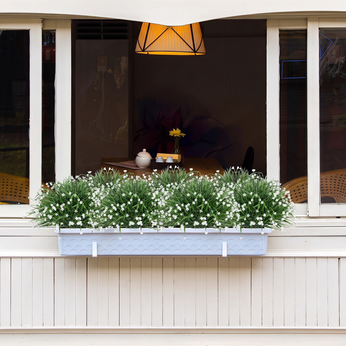 Coast - Lot de 2 arbustes décoratifs - Plantes artificielles réalistes - Avec piquets de fixation - Vert et blanc - 70 cm