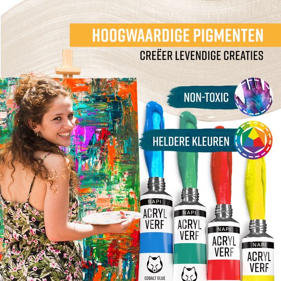NAPI Peinture acrylique 24 couleurs + 3 pinceaux - Prêt à l'emploi - Cercle de couleurs inclus - Peinture Hobby - Peinture acrylique - 24 Tubes