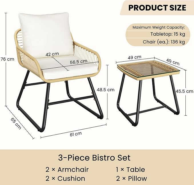 Ensemble de bistrot 3 pièces Yaheetech - Coussins et table en verre inclus - Beige/crème