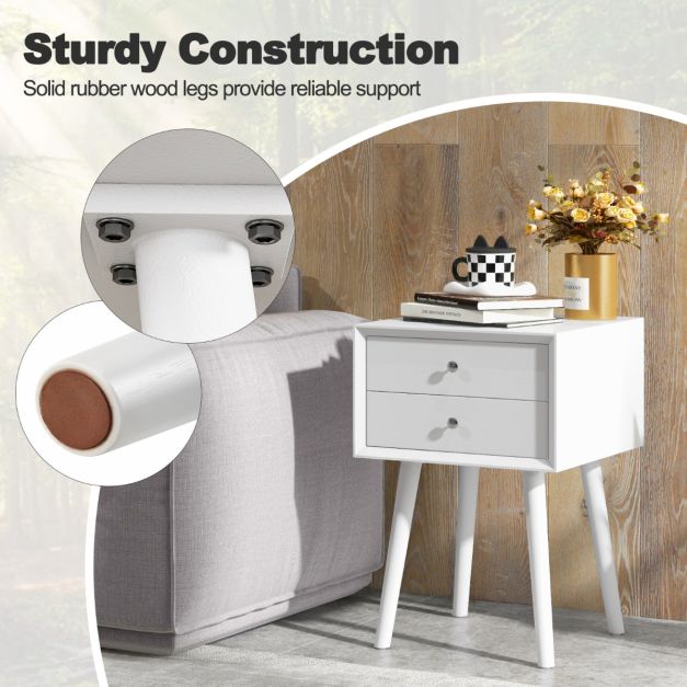 Table de chevet blanche 40x40x59.5 cm - Table d'appoint en bois avec 2 tiroirs et pieds surélevés - Coast