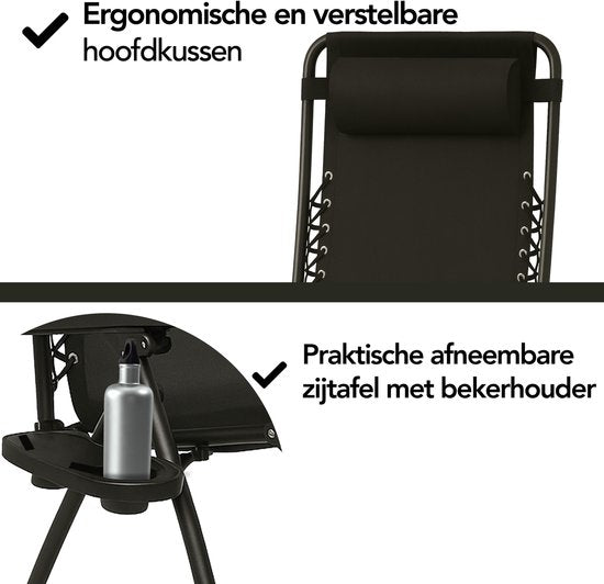 Lot de 2 chaises de jardin pliantes Brixy - Chaises longues - Pliantes - Réglables - Oreiller ergonomique - Métal - Textiline - Noir