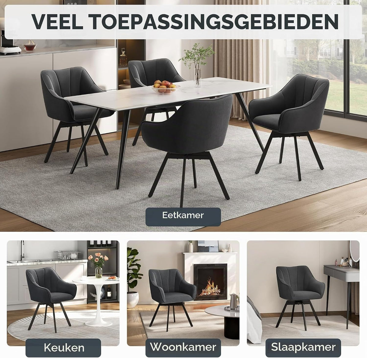 Lot de 2 chaises de salle à manger pivotantes avec accoudoirs et revêtement en velours gris foncé