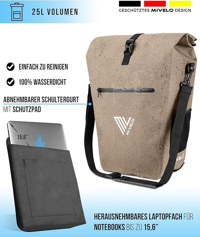 MIVELO Pannier - Imperméable & Incl. compartiment pour ordinateur portable & antivol de vélo - 25 litres - Sandbeige