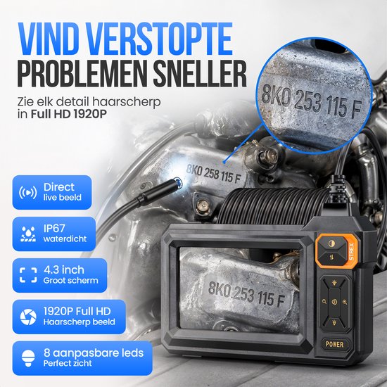 Endoscope Strex avec écran 15M - Caméra d'inspection - Caméra d'égout avec image HD - Étanche IP67 - Éclairage LED réglable