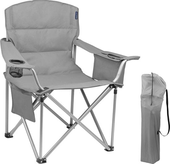 Chaise de camping XL TRVLMORE, Pliable, Compartiment réfrigérant et Porte-boisson, Gris