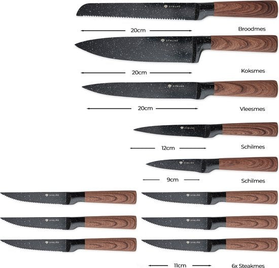 Set de couteaux avec bloc - Dymund® - Set de couteaux de chef avec bloc de couteaux - 13 pièces - acier inoxydable - Noir