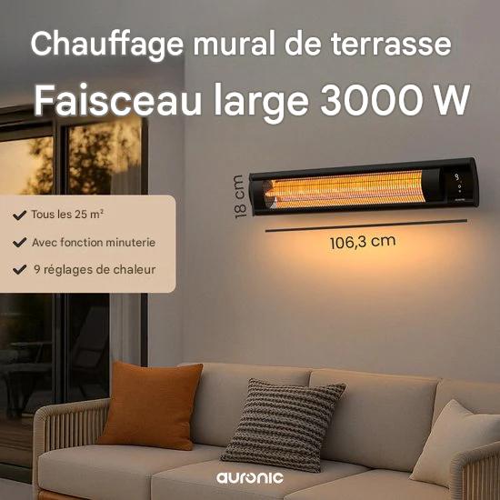 Auronic Chauffage de terrasse - XL - Chauffage infrarouge - Électrique - 25m2 - 3000W - Télécommande - 9 niveaux - Noir