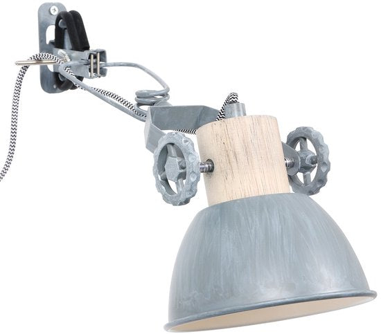 Spot à pince et applique murale Gearwood 2752GR Gris, douille E27 - Bois et métal, design tendance, orientable et inclinable, convient à un usage intérieur - Mexlite