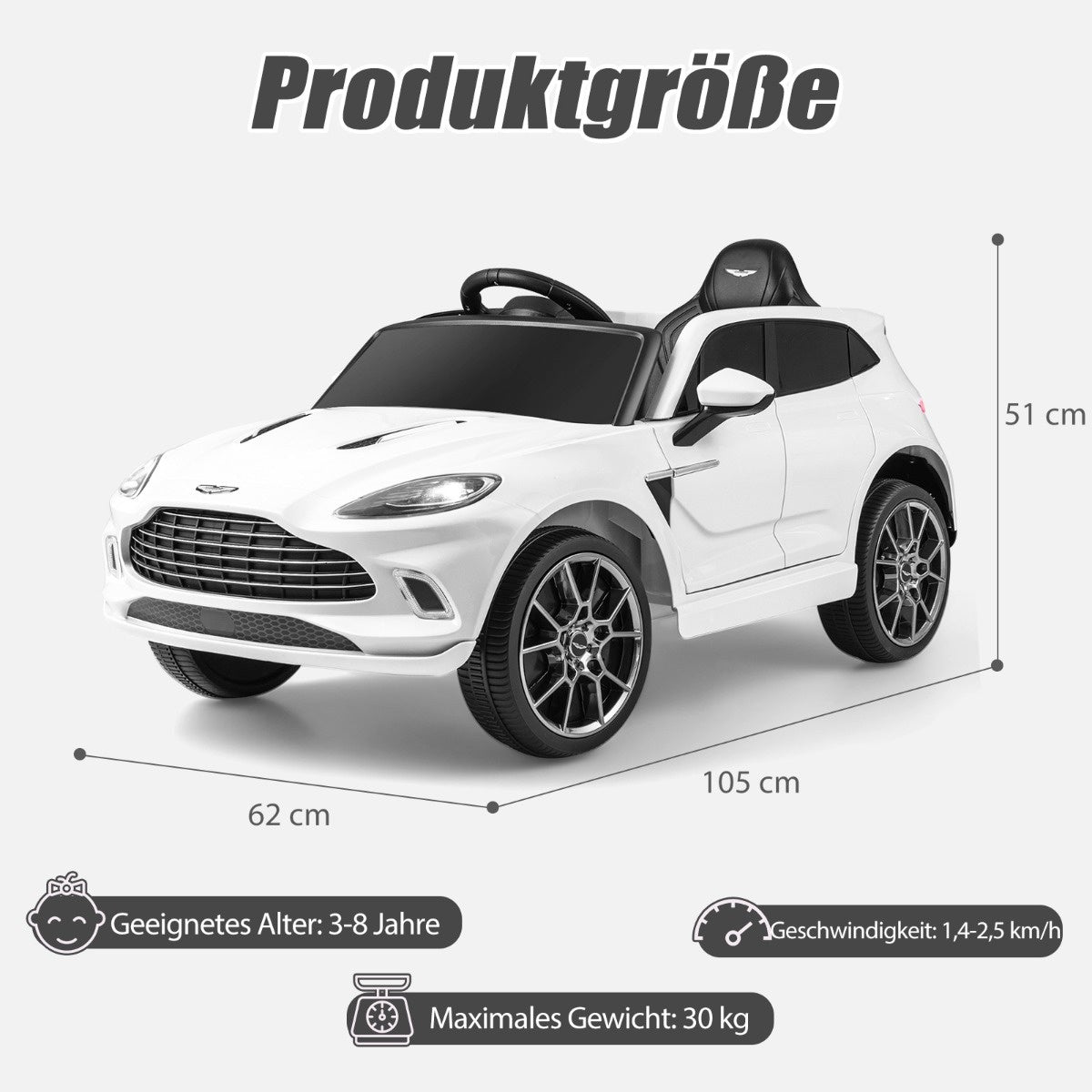 Coast 12V Aston Martin DBX voiture pour enfants avec télécommande 2.4g 1.4-2.5 km/h blanc