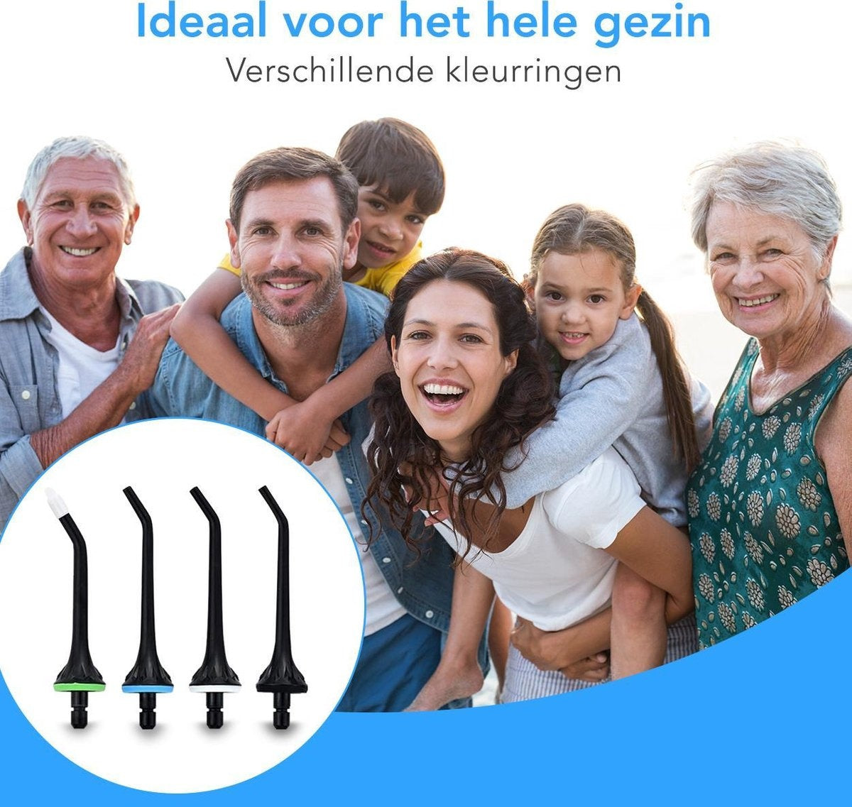 LifeGoods Attachement pour fil dentaire - 4 pièces - pour dispositif de fil dentaire - noir/blanc/vert/bleu