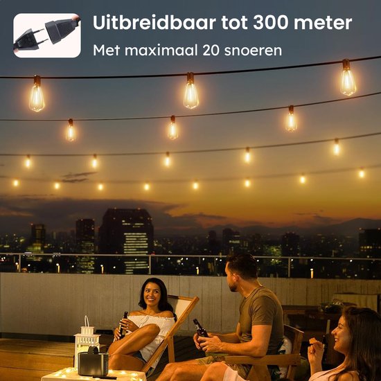 Partizzle 15m LED Guirlande lumineuse Edison - 25 Lampes - Guirlande lumineuse de Noël étanche pour terrasse extérieure et camping - Lumières de Noël / Lumières de jardin - 2700k / Blanc chaud