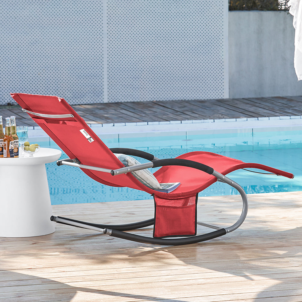 SoBuy OGS28-Rx2 Chaises longues Lot de 2 - Rouge - 143x57x85 cm - Chaises à bascule ergonomiques avec appui-tête et pochette latérale