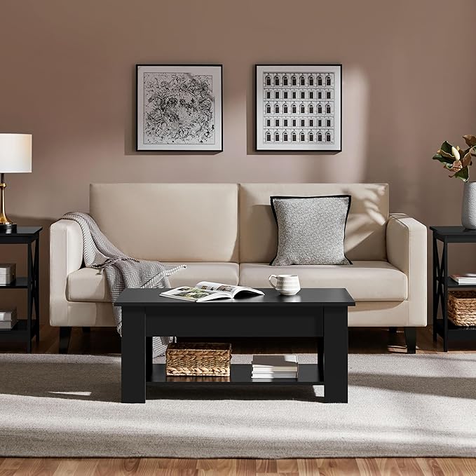 Table basse Yaheetech avec plateau relevable – Noire – Réglable en hauteur avec espace de rangement dissimulé