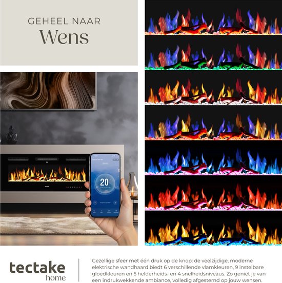 tectake® Wall Fireplace - Cheminée électrique - Atmosphere Fireplace - 106.5 x 12 x 43 cm - 900W & 1800W - Contrôlé par télécommande ou application - avec thermostat - Poêle - avec chauffage - Cheminées - Effets de bois et de lueur - Flammes 3D - Minuteur