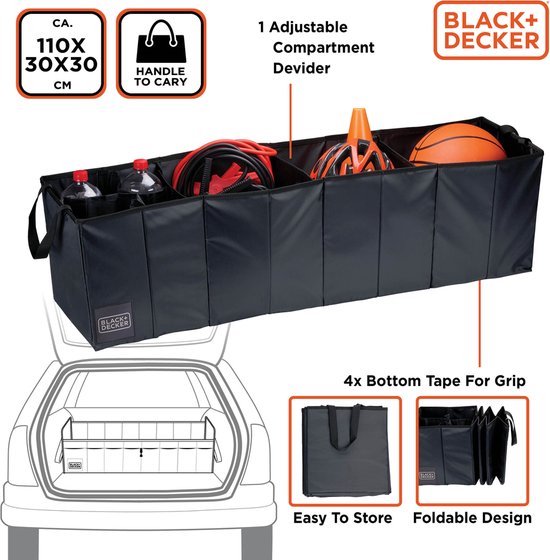 BLACK+DECKER Boîte de rangement pour coffre - 110 x 30 x 30 CM - 5 compartiments - pliable - avec poignées - noir
