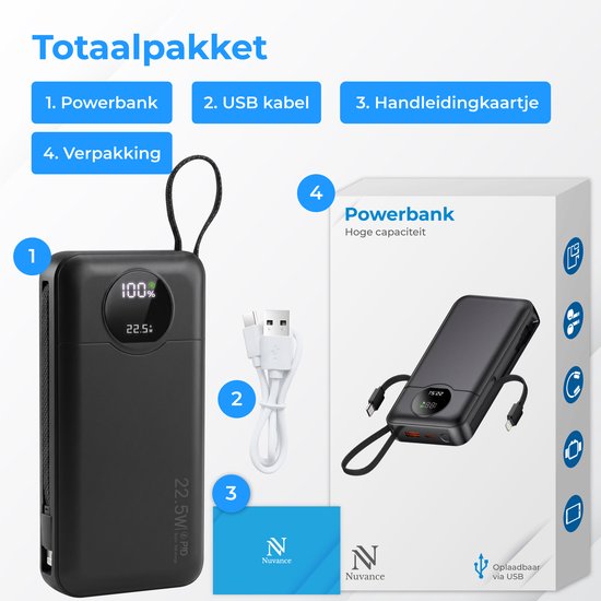 Nuvance Powerbank 20 000 mAh - Chargeur rapide 22,5 W USB-C et 8 broches - Kit d'urgence - 2 ports - 2 câbles intégrés - Powerbank
