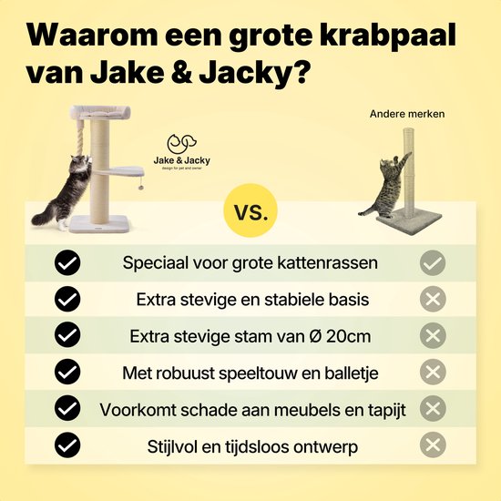 Jake et Jacky : Arbre à chat pour grands chats avec panier - Avec corde à jouer - Avec marchepied - Naturel/Crème - 57 x 57 x 121 cm - Ø de l'arbre à chat : 20 cm