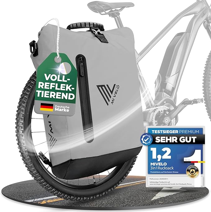 MIVELO - Sacoche vélo 3 en 1 - TPU étanche - 20L - Réfléchissant - Gris & Noir