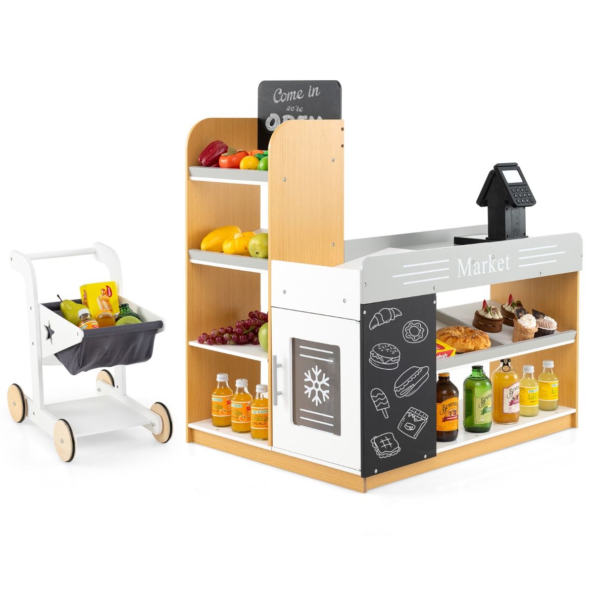 Ensemble de jeu « Coast » en bois sur le thème du supermarché pour enfants - Avec caddie et caisse - Avec tableaux noirs - Multicolore