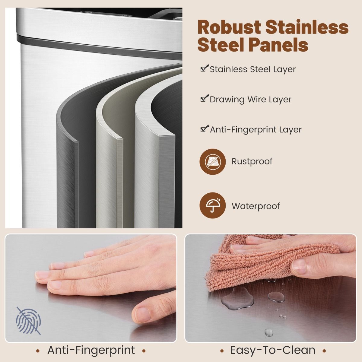 Coast 72 L Garbage Bin with Sensor - 4 Bins, Silver, 42 x 32-58 x 84-110 cm, Electric Garbage Bin with Soft Closure for Kitchen and Office