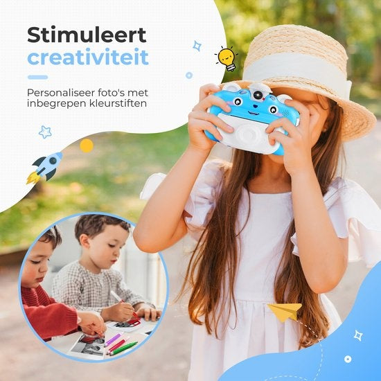 AyeKids Instant Print Kids Camera - Mini imprimante thermique - Imprimante photo - Comprend 3 rouleaux et 12 marqueurs de couleur - Bleu