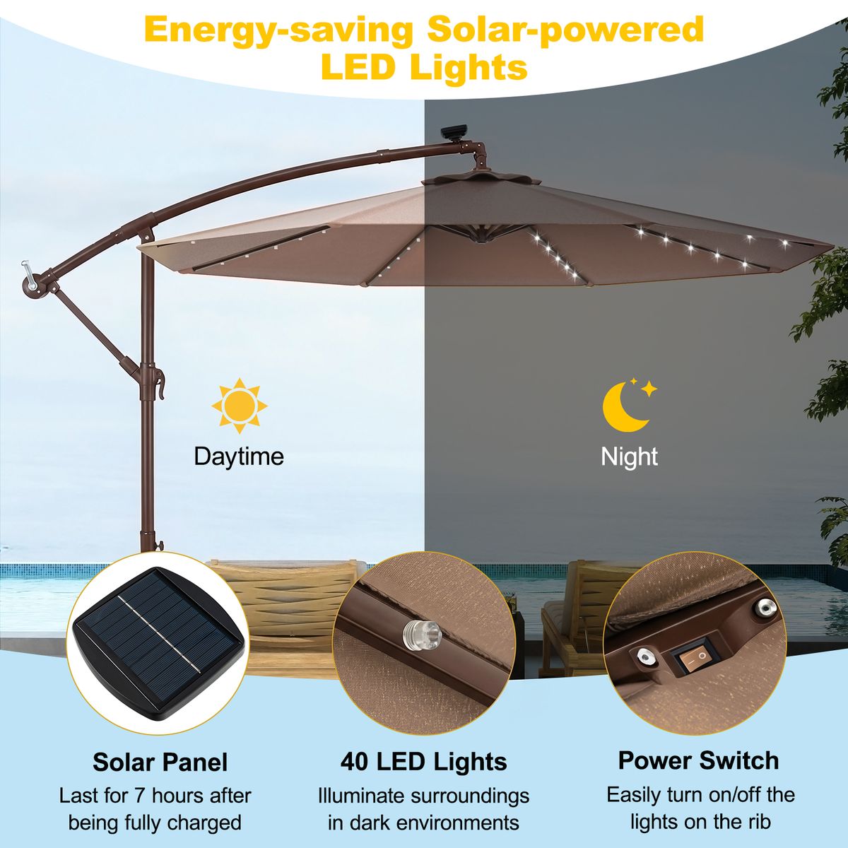 Parasol suspendu Coast à énergie solaire - 40 LED - orientable et inclinable - marron - 300 x 300 x 250 cm