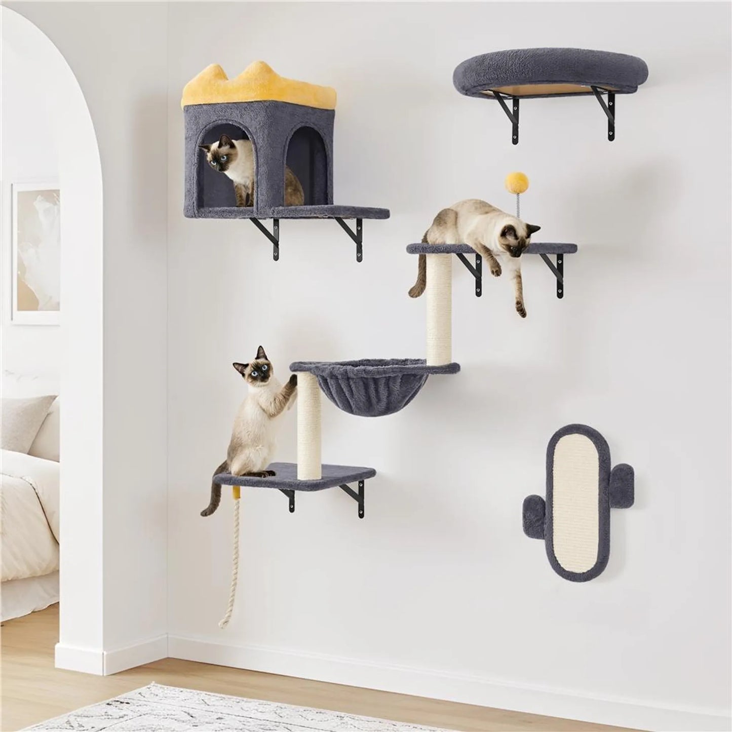 Yaheetech Meuble mural pour chat - 49 x 30 x 40 cm - équipé d'un terrier et d'un panier de couchage pour chat, de griffoirs en sisal et de plates-formes multiples - pour 1 à 5 chats - peluche et métal gris foncé