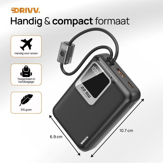 Drivv. Batterie externe 20 000 mAh - Avec câble 8 broches et USB-C intégré - Câble de recharge 60 W inclus - Fonction de recharge rapide 22,5 W - USB / USB-C - Kit d'urgence