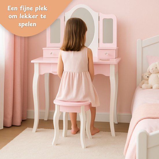 Table de maquillage Maxx Kidz pour enfant avec miroir - Table de maquillage en bois rose pour enfant avec tabouret - Table de maquillage pour enfants - Jouet pour filles à partir de 3 ans