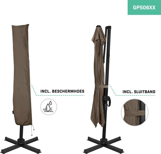 VONROC Premium Parasol flottant Pisogne 300x300cm - Base transversale et housse de protection incluses - Parasol carré - Rotation 360° - Inclinaison - Toile résistante aux UV - Taupe