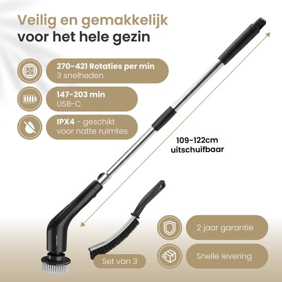 Brosse de nettoyage électrique Vapore - 14 accessoires + set de brosses à joints - moteur 421 tr/min - 3 vitesses - manche extensible de 118 cm - support mural 3M - polisseuse - brosse à récurer - pour la salle de bains et la cuisine