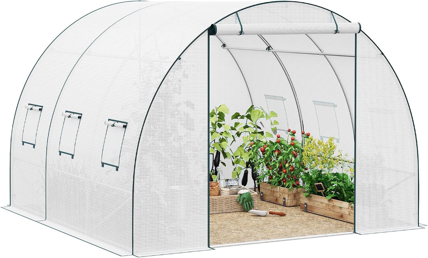 Tunnel de culture WOLTU en film plastique 300 x 300 x 200 cm - Serre à tomates avec porte et 6 fenêtres d'aération - Blanc
