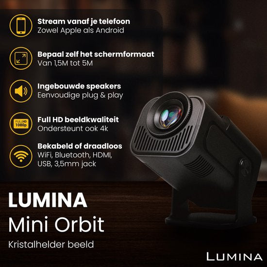 Lumina® Pro Mini Beamer 2025 – Projecteur intelligent portable 4K avec Wi-Fi 6 et Bluetooth 5.2 – Compatible avec iOS et Android – Idéal pour le home cinéma – Noir