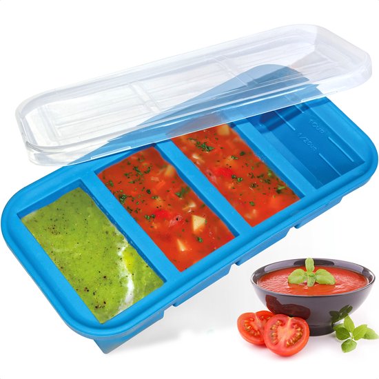 Goliving 4 in 1 Freezer Containers - Freshness Containers - 4 x 250ml - Meal Prep Containers - Silicone Storage Containers with Lid - Baby Food Storage Box - Freezer and Microwave - Blue