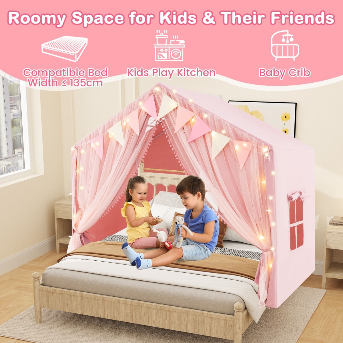 Tente de jeu pour enfants Coast - avec rideaux et guirlande lumineuse en forme d'étoiles - grande tente de jeu - rose