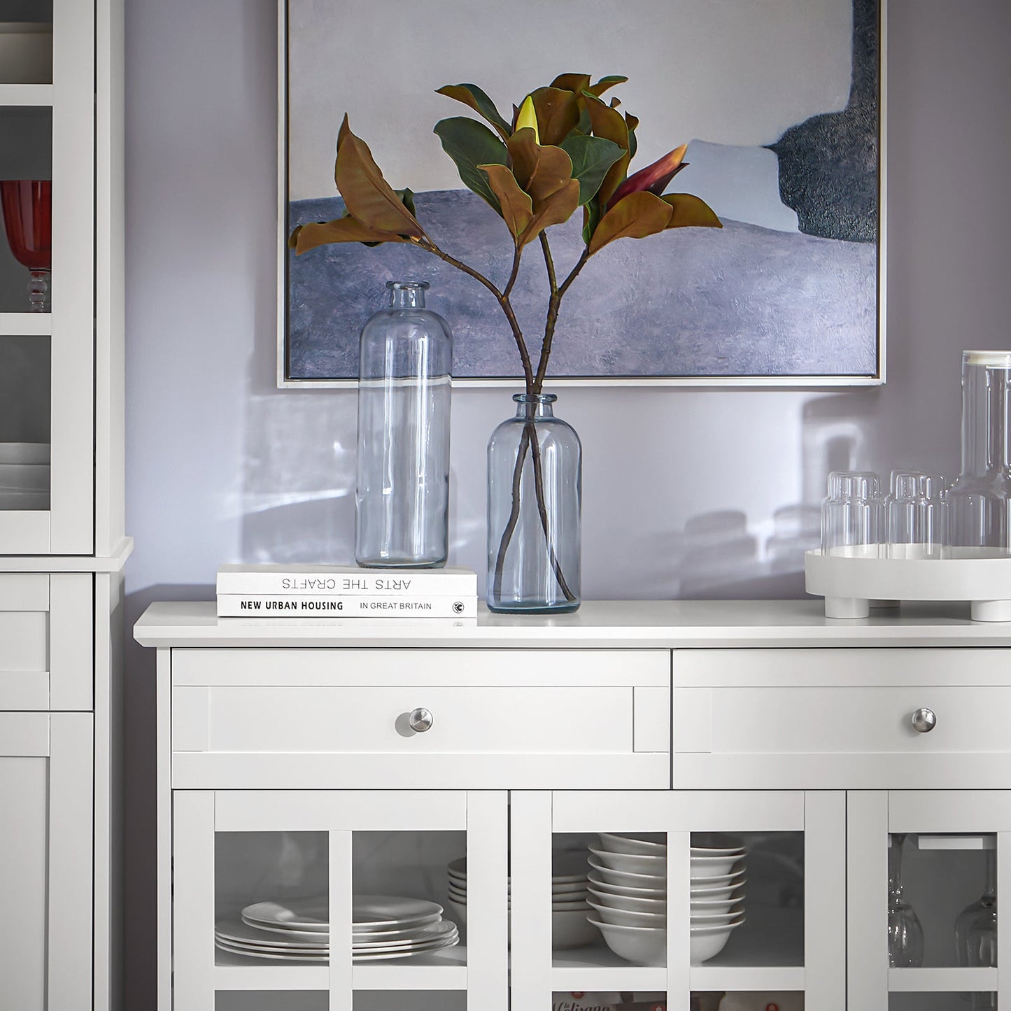 SoBuy Meuble de cuisine Buffet Meuble de rangement latéral avec 3 portes en verre et 2 tiroirs, 90x40x90 cm, blanc