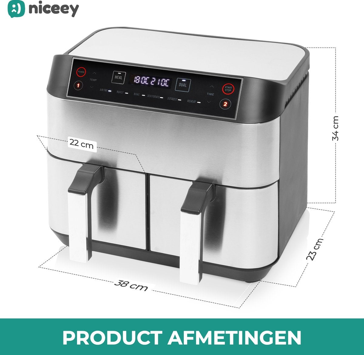 Niceey Double Airfryer XXL - 8L - 2460W - Silver