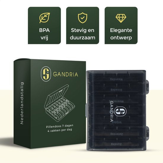 Boîte à pilules Gandria 7 jours - Boîte à pilules amovible - Boîte à médicaments avec 28 compartiments - Boîte à médicaments avec fermeture solide - 4 compartiments par jour - Noir