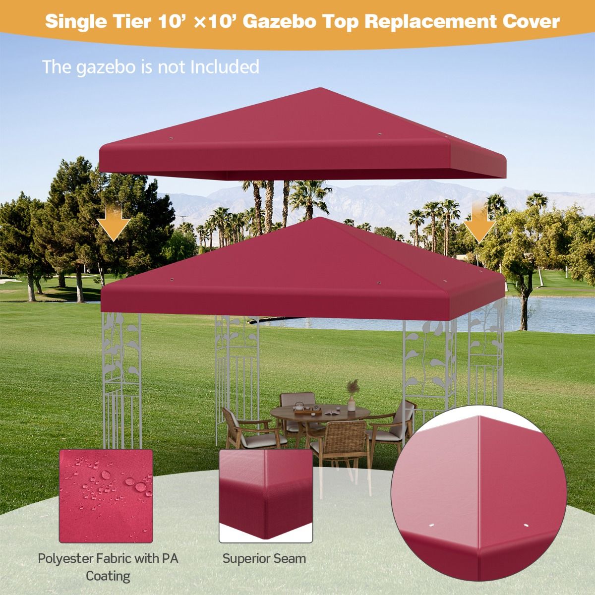 Coast Replacement Roof for Pavilion 3 x 3 m Bordeaux - Couverture de toit de pavillon hydrofuge avec attaches Velcro