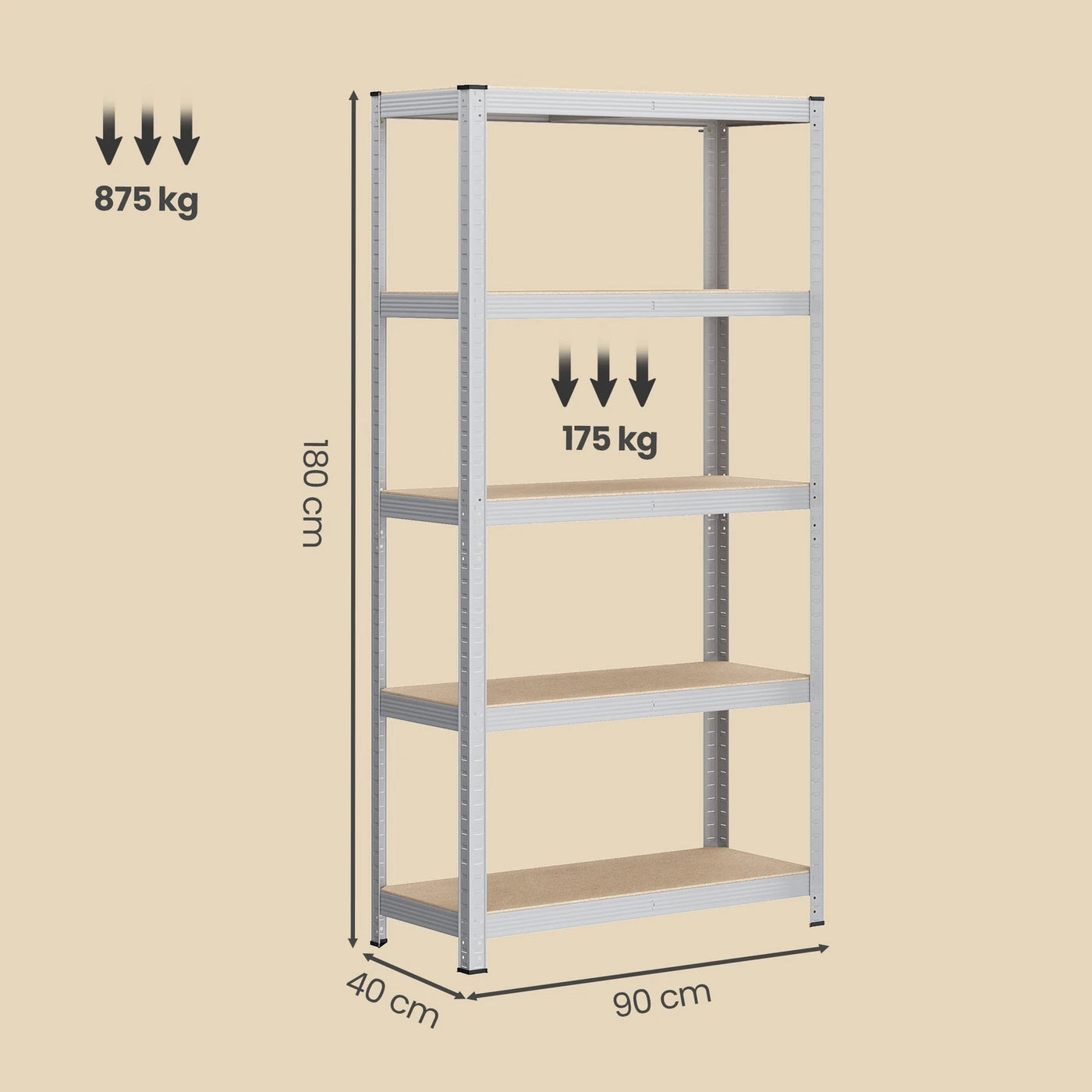 Ensemble de rayonnages Ochama, lot de 2 - 5 niveaux - 90 x 40 x 180 cm - 175 kg par étagère - Acier et MDF - Argent