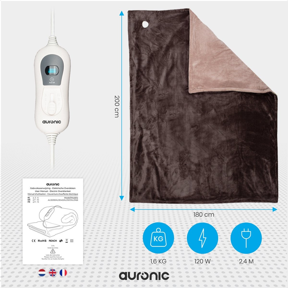 Couverture chauffante électrique - Auronic - 2 personnes - 3 niveaux de chaleur - 200 x 180 cm - Marron