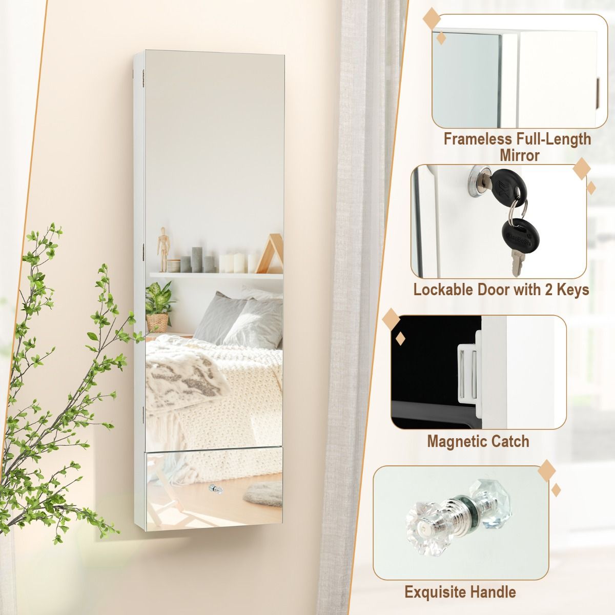 Coast Armoire à bijoux - avec miroir - éclairage LED - 120 x 37 x 11 cm - Blanc