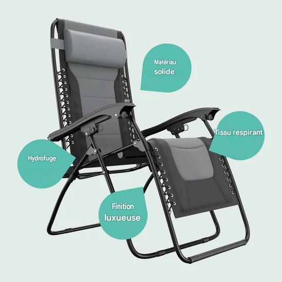 LifeGoods Chaises longues confort - pliable - 30°-90° réglable - support pour gobelets et téléphone - chaises de jardin - noir/gris