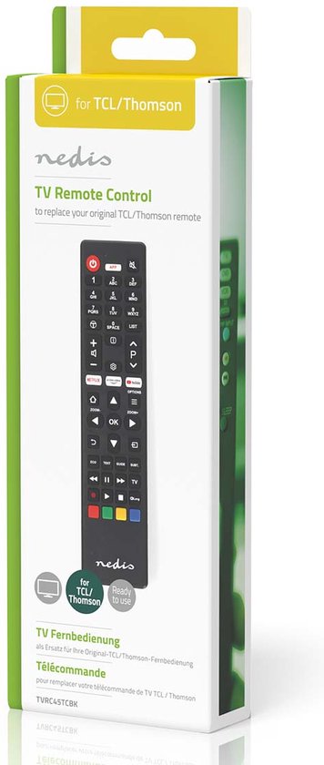 Télécommande de remplacement Nedis - Compatible avec : TCL/Thomson - Préprogrammée - 1 appareil - Bouton Amazon Prime / Netflix / YouTube - Infrarouge - Noir