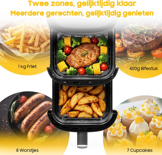 Friteuse à air chaud à double tiroir - 2 700 W : friture sans graisse et puissante - Friteuse à air chaud de 10 L avec double tiroir et structure verticale permettant de gagner 50 % d'espace - 6 programmes - Grande capacité pour un usage domestique - Livr