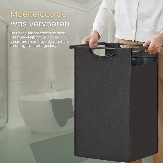 O'DADDY® Panier à linge avec 2 compartiments et 2 étagères - 76 litres - Trieur de linge coulissant - Organisateur de linge - Panier à linge - Boîte à linge - Double panier à linge - Noir/Marron